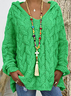 Women's Cable Knit Pullover Sweater - Attached Hood / Ribbed Knit Cuffs